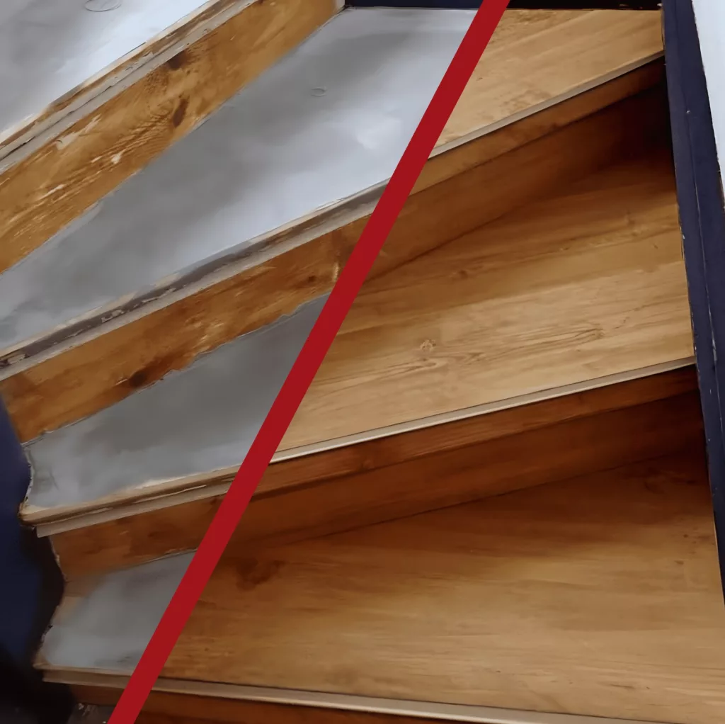 Vorher-Nachher-Bild: Eine Treppe vor und nach der Verlegung von Vinyl-Designboden mit präzisen Kanten und modernem Look.